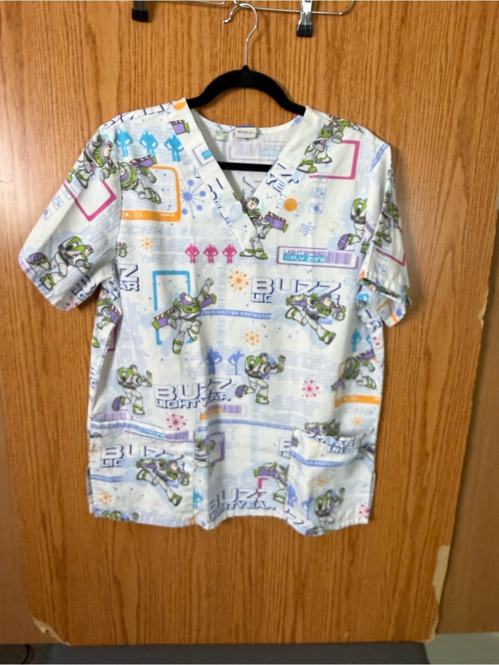 Buzz Lightyear Medical Scrub Top - White with Green Print